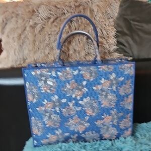 Chic Blue and Silver Floral Tote Bag